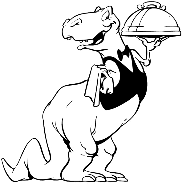 Dinosaur in waiter's jacket carrying tray vinyl sticker. Customize on line. Animals Insects Fish 004-0818 